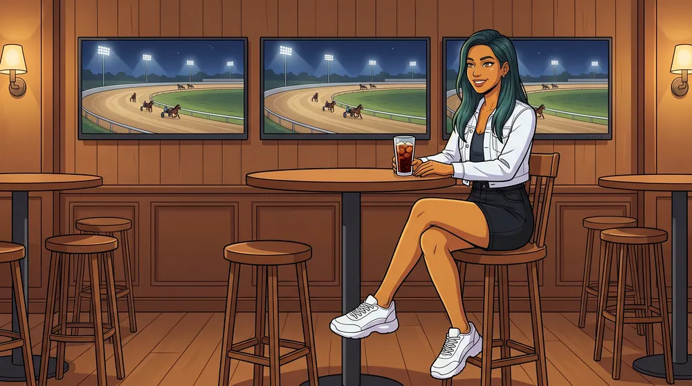 The same drawn character sits at a high table in a wood-panelled clubhouse with a cola, watching three screens that show a harness race under floodlights.